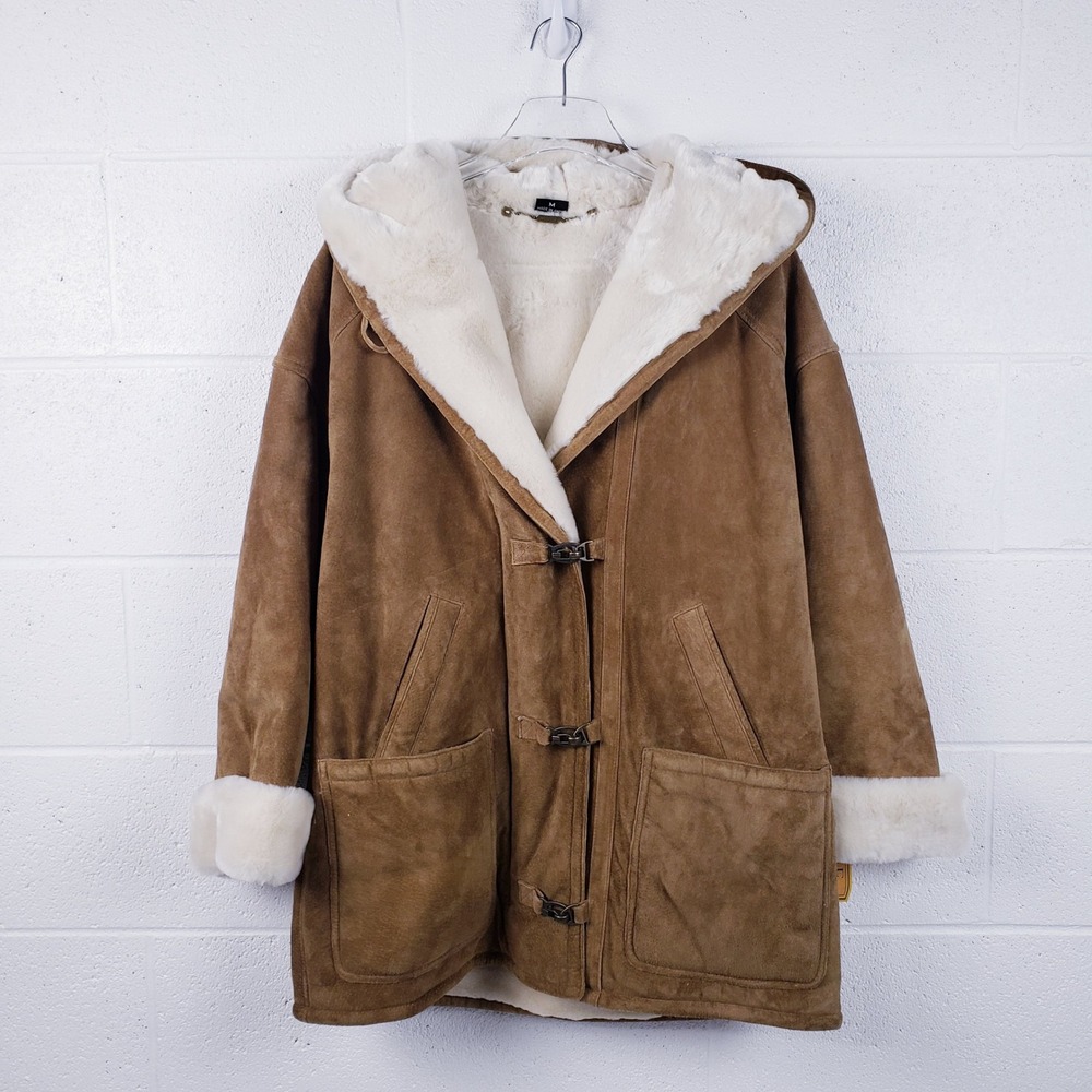 Vintage 90s Gallery Shearling Leather Hooded Parka Jacket Caramel Brown  Size M